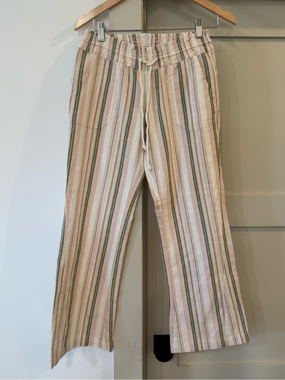 Roxy Striped Linen-Blend Drawstring Pants with pockets in Pink, Green, Cream
